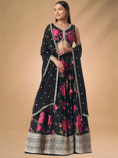 Pretty Black Chinon Floral Printed Lehenga Choli